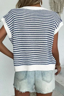 Best Dear-Lover Ribbed Trim Loose Fit Knitted Sweater Vest Blue Stripe