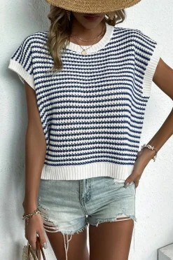 Best Dear-Lover Ribbed Trim Loose Fit Knitted Sweater Vest Blue Stripe