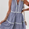 Outlet Dear-Lover Sleeveless Notched V Neck Contrast Ric Rac Mini Dress Blue Stripe