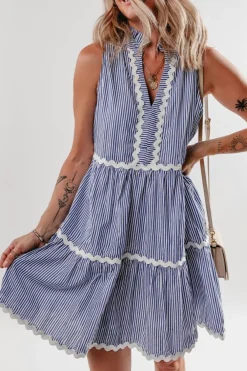 Outlet Dear-Lover Sleeveless Notched V Neck Contrast Ric Rac Mini Dress Blue Stripe