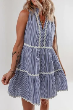 Outlet Dear-Lover Sleeveless Notched V Neck Contrast Ric Rac Mini Dress Blue Stripe
