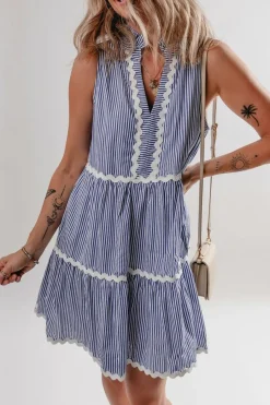 Outlet Dear-Lover Sleeveless Notched V Neck Contrast Ric Rac Mini Dress Blue Stripe