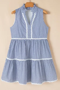 Outlet Dear-Lover Sleeveless Notched V Neck Contrast Ric Rac Mini Dress Blue Stripe