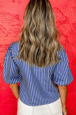 Online Dear-Lover Tied Front Puff Short Sleeve Blouse Blue Stripe
