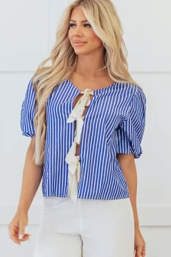 Online Dear-Lover Tied Front Puff Short Sleeve Blouse Blue Stripe