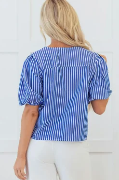 Online Dear-Lover Tied Front Puff Short Sleeve Blouse Blue Stripe