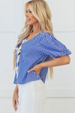 Online Dear-Lover Tied Front Puff Short Sleeve Blouse Blue Stripe