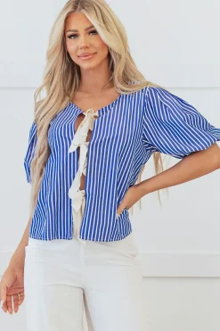 Online Dear-Lover Tied Front Puff Short Sleeve Blouse Blue Stripe
