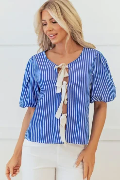 Online Dear-Lover Tied Front Puff Short Sleeve Blouse Blue Stripe