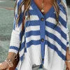 Best Dear-Lover V Neck Buttoned High Low Sweater Cardigan Blue Stripe