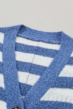 Best Dear-Lover V Neck Buttoned High Low Sweater Cardigan Blue Stripe