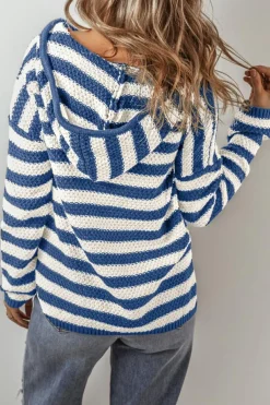 Outlet Dear-Lover V Neck Pocketed Drawstring Hooded Sweater Blue Stripe