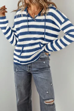 Outlet Dear-Lover V Neck Pocketed Drawstring Hooded Sweater Blue Stripe