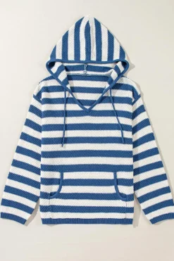 Outlet Dear-Lover V Neck Pocketed Drawstring Hooded Sweater Blue Stripe