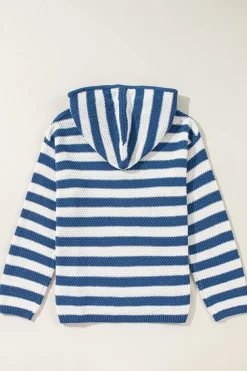 Outlet Dear-Lover V Neck Pocketed Drawstring Hooded Sweater Blue Stripe