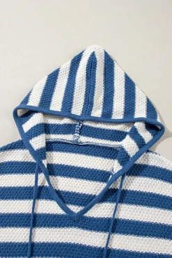 Outlet Dear-Lover V Neck Pocketed Drawstring Hooded Sweater Blue Stripe