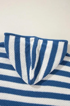 Outlet Dear-Lover V Neck Pocketed Drawstring Hooded Sweater Blue Stripe