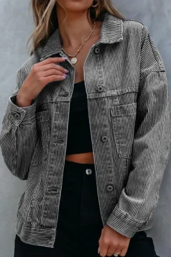 Best Dear-Lover Washed Oversize Pocketed Denim Jacket Blue Stripe