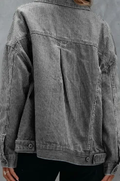 Best Dear-Lover Washed Oversize Pocketed Denim Jacket Blue Stripe