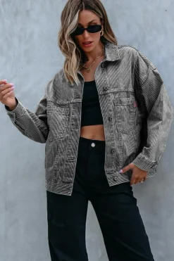 Best Dear-Lover Washed Oversize Pocketed Denim Jacket Blue Stripe