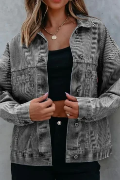 Best Dear-Lover Washed Oversize Pocketed Denim Jacket Blue Stripe