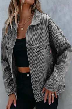Best Dear-Lover Washed Oversize Pocketed Denim Jacket Blue Stripe