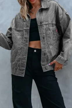 Best Dear-Lover Washed Oversize Pocketed Denim Jacket Blue Stripe