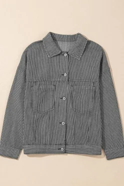 Best Dear-Lover Washed Oversize Pocketed Denim Jacket Blue Stripe