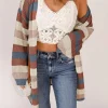Clearance Dear-Lover Striped Color Block Hollowed Knit Cardigan Blue