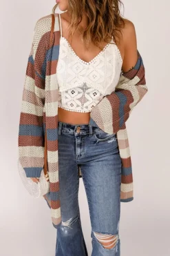 Clearance Dear-Lover Striped Color Block Hollowed Knit Cardigan Blue