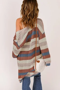 Clearance Dear-Lover Striped Color Block Hollowed Knit Cardigan Blue