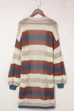 Clearance Dear-Lover Striped Color Block Hollowed Knit Cardigan Blue