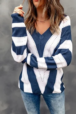 Online Dear-Lover Striped Colorblock V Neck Knitted Sweater Blue