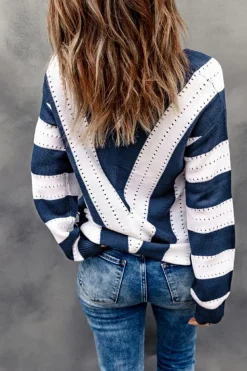 Online Dear-Lover Striped Colorblock V Neck Knitted Sweater Blue