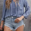 Outlet Dear-Lover Striped V Neck Pocket Long Sleeve Top Blue