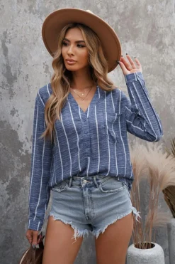 Outlet Dear-Lover Striped V Neck Pocket Long Sleeve Top Blue