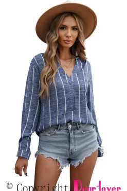 Outlet Dear-Lover Striped V Neck Pocket Long Sleeve Top Blue
