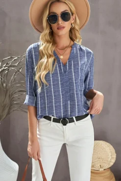 Outlet Dear-Lover Striped V Neck Pocket Long Sleeve Top Blue
