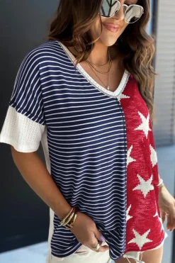 Online Dear-Lover Stripes Stars Print Knit Short Sleeves Top Blue