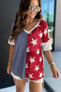 Online Dear-Lover Stripes Stars Print Knit Short Sleeves Top Blue