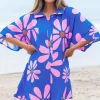 Sale Dear-Lover Summer Flower Print Shirt Collar Button Front Loose Romper Blue