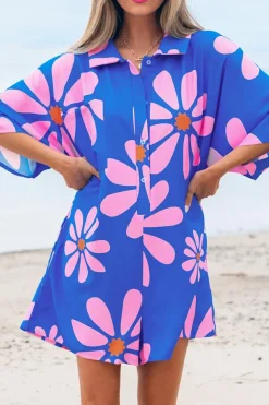Sale Dear-Lover Summer Flower Print Shirt Collar Button Front Loose Romper Blue