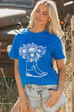 Outlet Dear-Lover Sunflower Boots Graphic Western Fashion T Shirt Blue