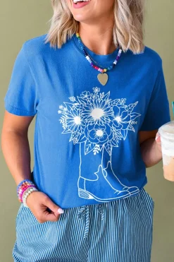 Outlet Dear-Lover Sunflower Boots Graphic Western Fashion T Shirt Blue