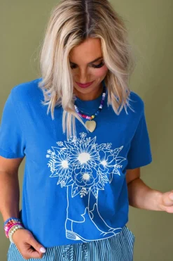 Outlet Dear-Lover Sunflower Boots Graphic Western Fashion T Shirt Blue