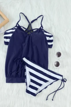 Hot Dear-Lover Tankini with Stripes Patchwork Blue