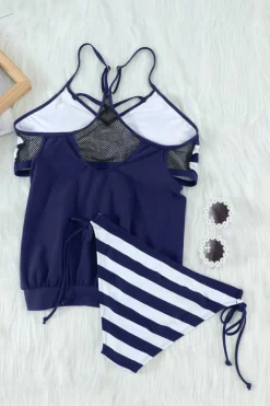 Hot Dear-Lover Tankini with Stripes Patchwork Blue