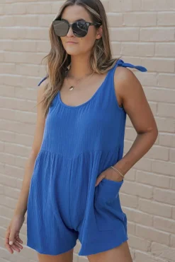 Clearance Dear-Lover Textured Knotted Straps High Waist Wide Leg Romper Blue