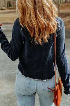 Clearance Dear-Lover Textured Round Neck Long Sleeve Top Blue