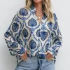 Online Dear-Lover Tribal Pattern Buttoned Front Loose Shirt Blue